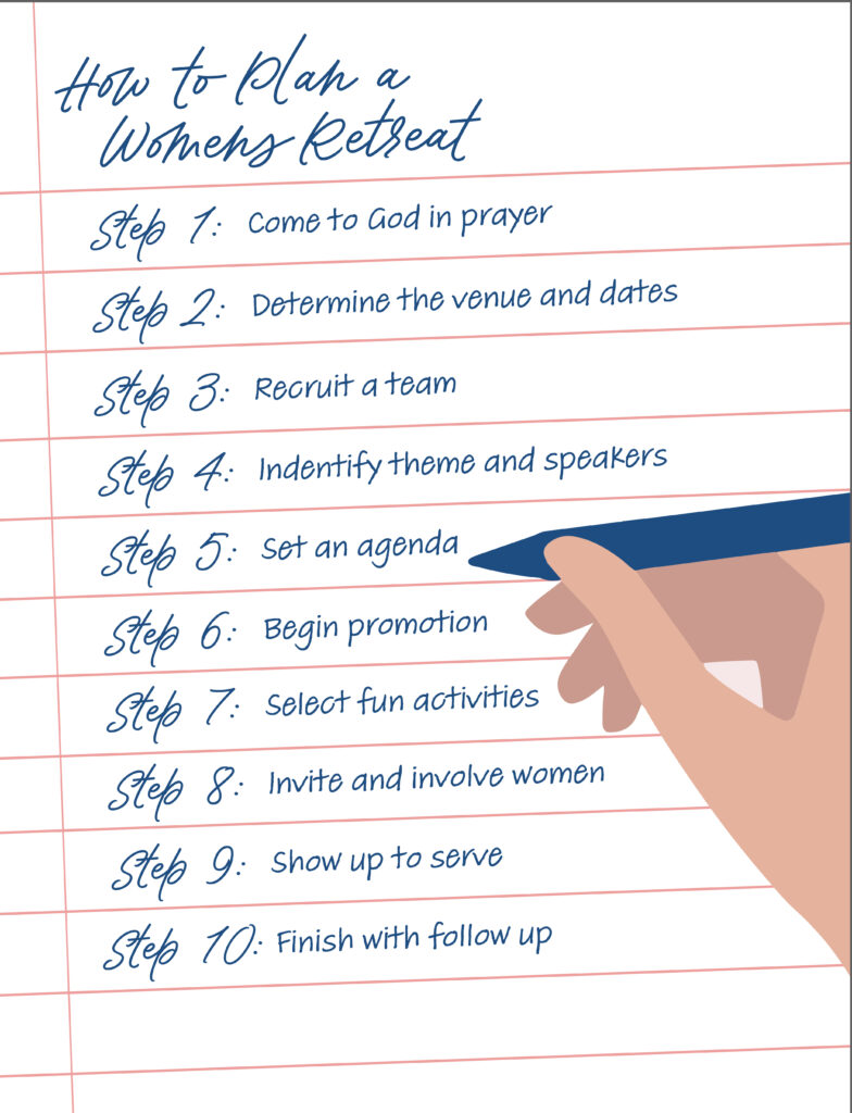 How to Plan a Women's Retreat Step 1 Come to God in Prayer Step 2: Determine the venue and dates Step 3: Recruit a team Step 4: Identify theme and speakers Step 5: Set an agenda Step 6: Begin promotion Step 7: Select fun activities Step 8: Invite and involve women Step 9: Show up to serve Step 10: Finish with follow up